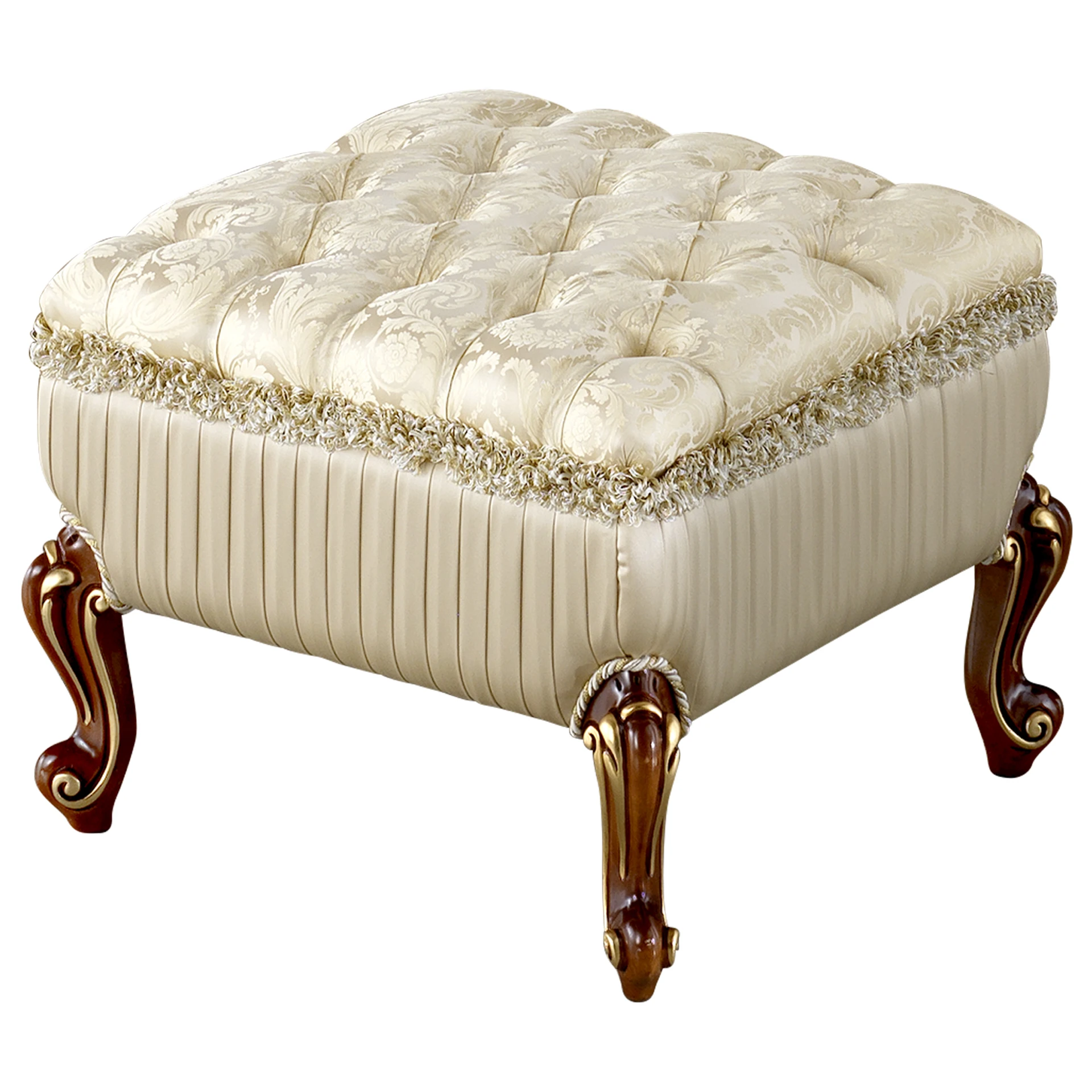 Luxury Glow Pouf with classic walnut finish, gold leaf accents, and elegant design. Perfect for enhancing sophisticated interiors..