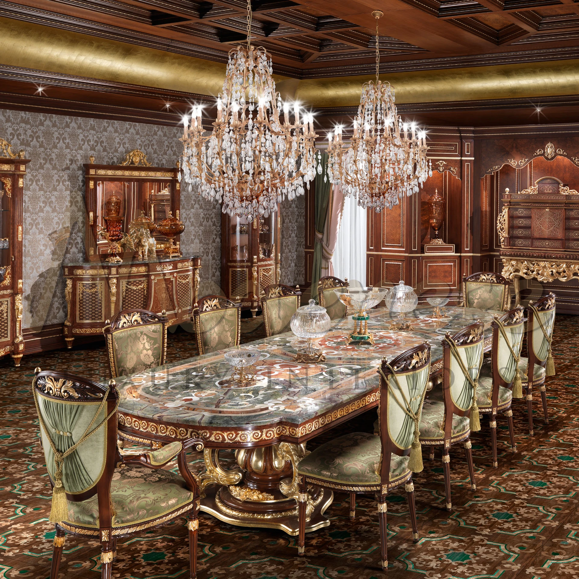 Indulge in elegance with this empire dining table by Modenese Furniture, featuring gold leaf details and exquisite floral upholstery in green.