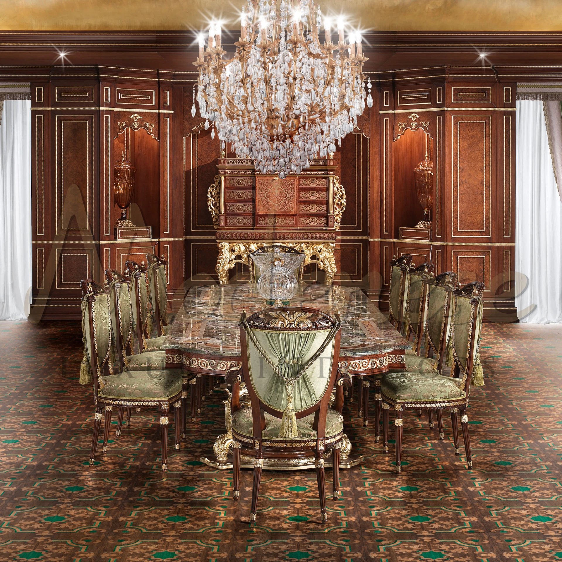 Enhance your space with this breathtaking dining table and chair, boasting a wood frame with gold leaf accents and premium floral upholstery.