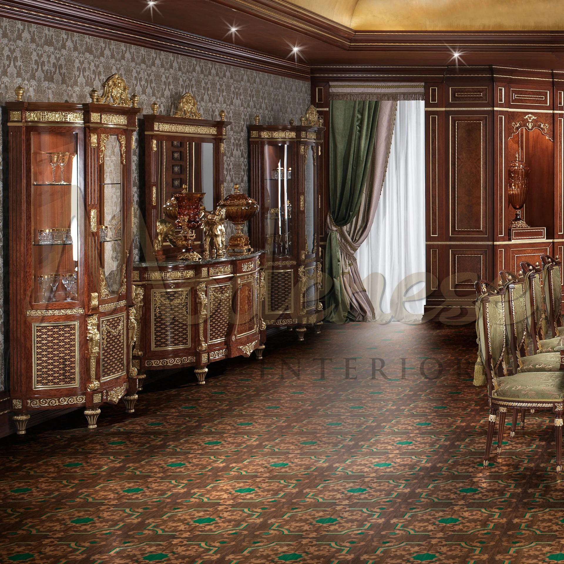 Indulge in luxury with our artisan-crafted Italian credenza, boasting solid wood, Picasso Green marble, handmade inlays, and golden ornaments.